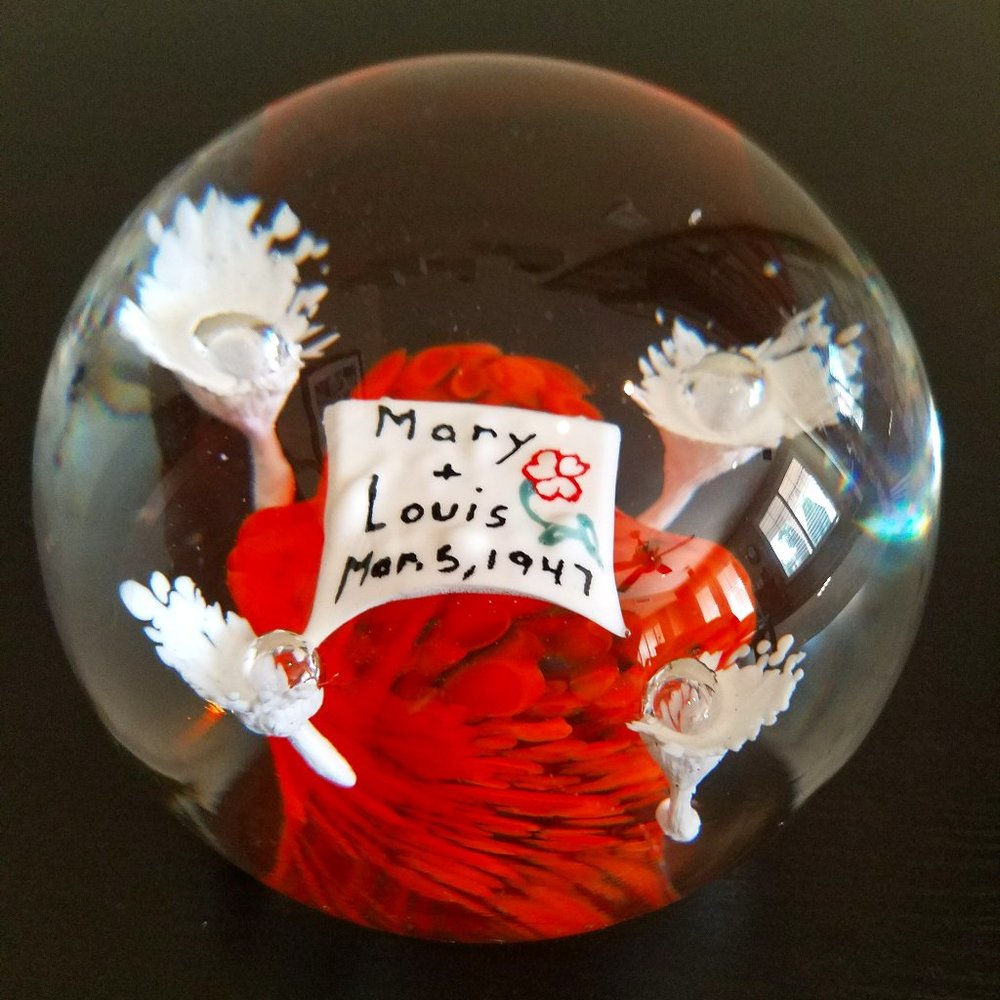 March 5, 1947 Dated Vintage Large Glass Paperweight Orange White - Mary & Louis